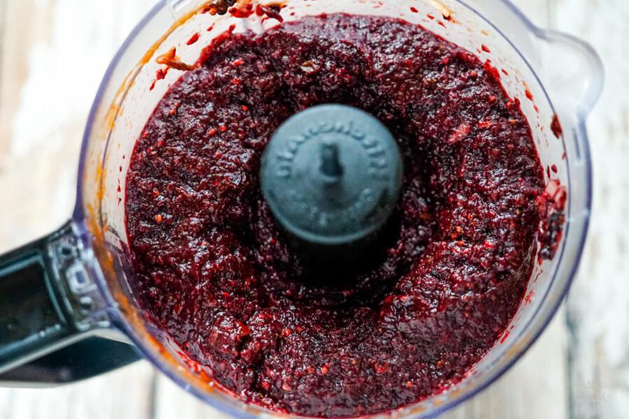 The blackberry mixture after it is pureed in the food processor.