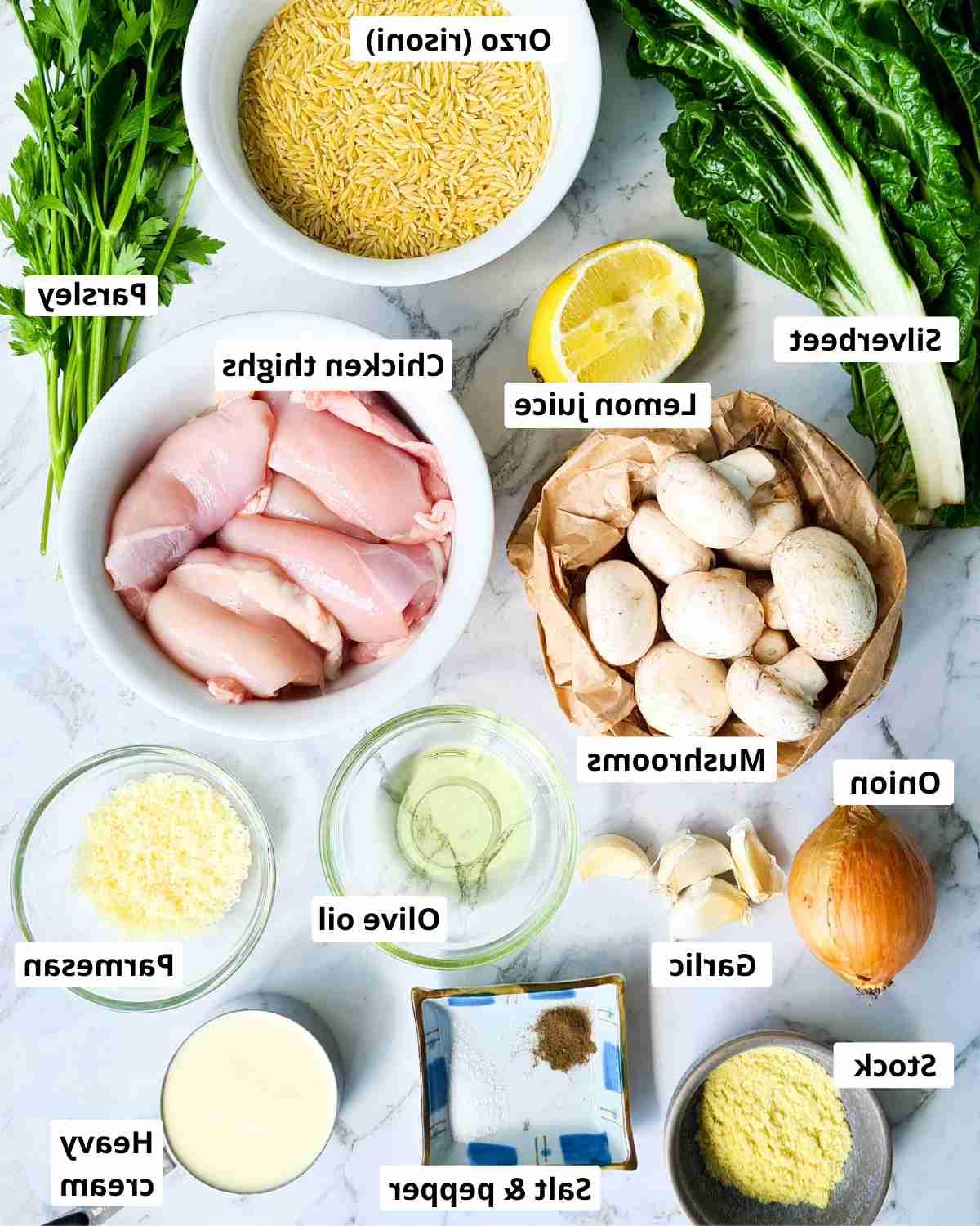 Ingredients required to make creamy chicken orzo labeled
