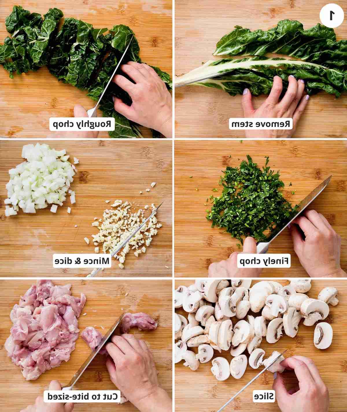 ingredients being cut and chopped with captions