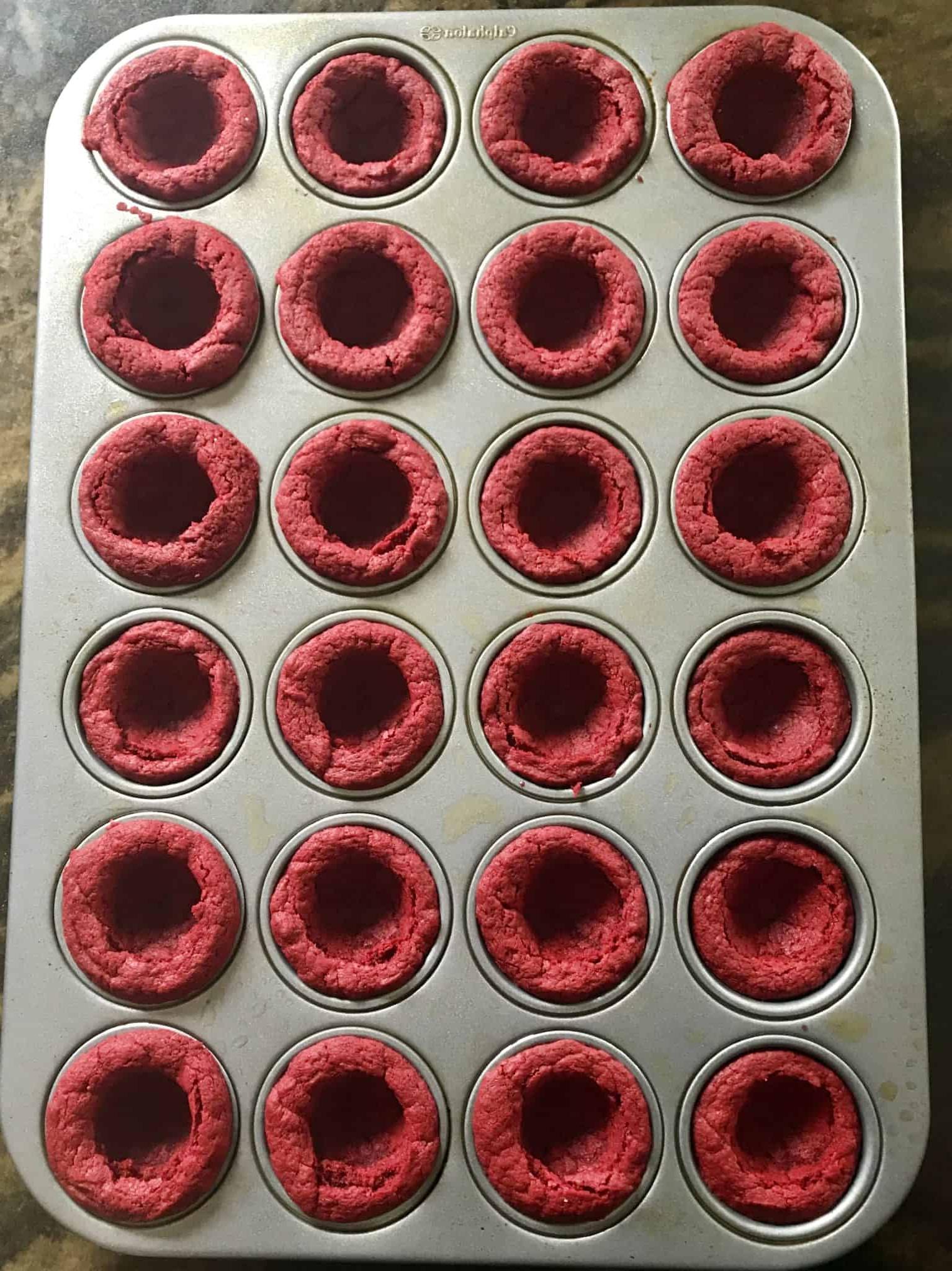 red velvet cake mix balls baked in mini muffin pan overhead shot
