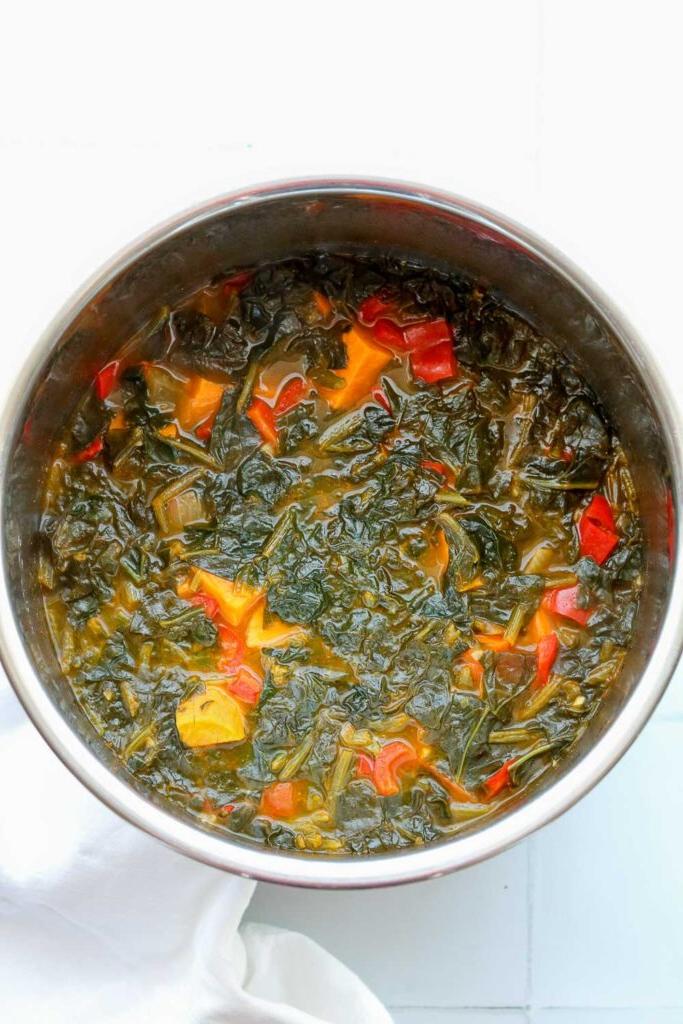 spiced sweet potato and spinach soup after cooking