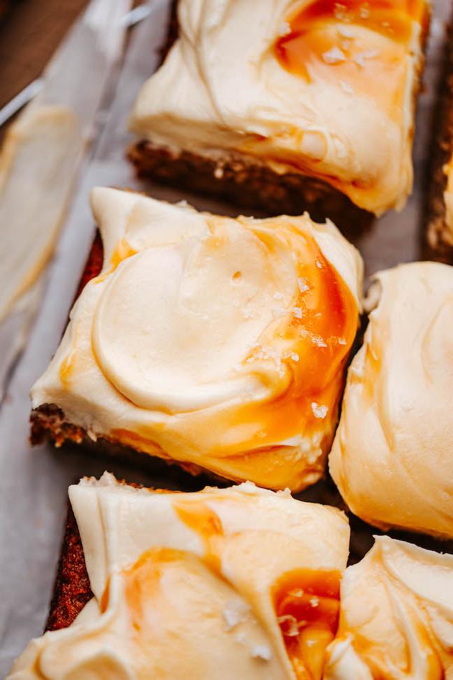 close up shot of a slice of salted caramel banana cake