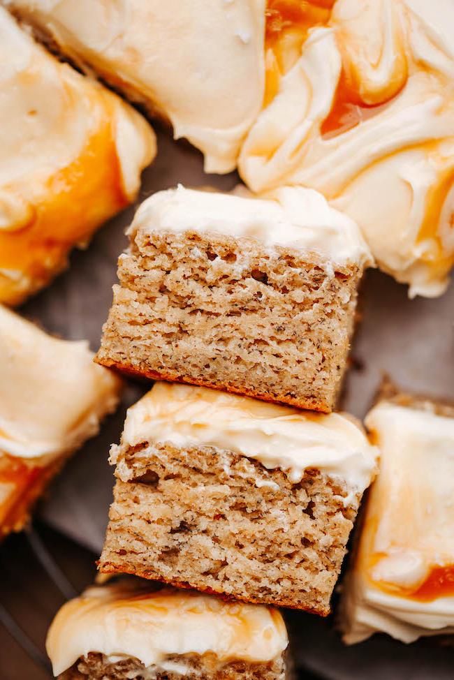 banana snack cake slices stacked on their side