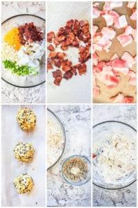 These Mini Everything Bagel Cheese Ball Bites with crackers are the best appetizer recipe for holiday gatherings with friends and family, game days, girls nights, baby showers or birthday parties. These cheese balls are filled with cream cheese, bacon, scallions, and cheese then coated in Everything But the Bagel Seasoning! Perfect to be made ahead of time for easy prep! VIDEO included! #appetizer #recipe #cheeseballs Prep image for cheese balls showing step by step of recipe.