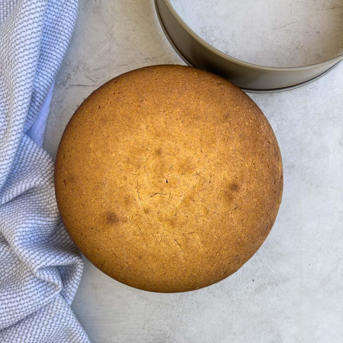 Lemon olive oil cake, baked and out of the oven, a lovely golden brown.